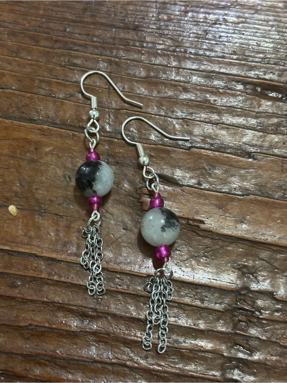 Handcrafted Gray and Fuchsia Bead Dangle Earrings